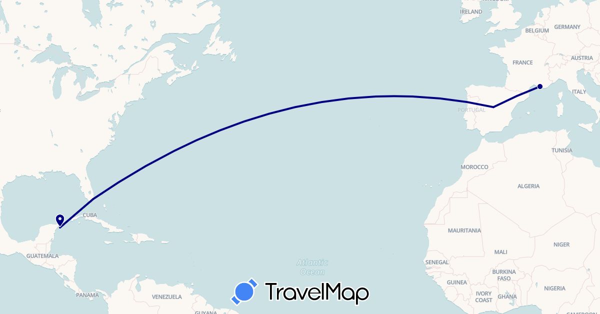 TravelMap itinerary: driving in Spain, France, United States (Europe, North America)
